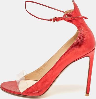 Francesco Russo Red Leather And Pvc Open Toe Ankle Strap Pumps
