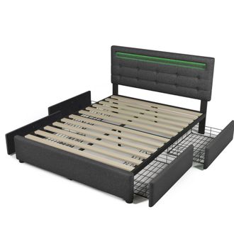 STILVORA Cama Con Cajones Doble 140 X 200 Cm De Lino, Led Regulable Y 4 Cajones, Colch&oacute;n Incluido, Gris