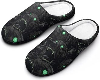 Generic Crazy Black Dogs with Glowing Eyes Slippers Men Winter Warm Cotton Anti-Slip Indoor Slip-Ons House Shoes