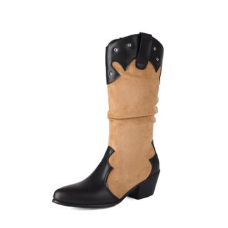 Generic Womens Slouch Cowboy Boots Two-Tone Suede-Like Fabric Pointed Toe Block Heels Metal Stud Detail Pull Tab Stylish Durable Design,Camel,5.5 UK