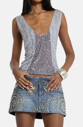Jaded London Studded Sequin Plunge Neck Tank in Grey at Nordstrom, Size 10