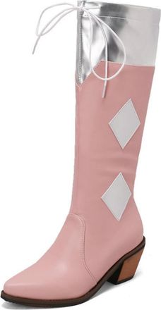 Generic Womens Two-Tone Knee-High Western Cowboy Boots with Lace-Up Top,Pink,5.5 UK