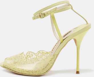 Sophia Webster Yellow Leather And Lace Print Pvc Peep Toe Ankle Strap Sandals