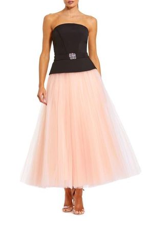 Mac Duggal Strapless Midi Dress with Layered Tulle Skirt in Black Pink at Nordstrom, Size 14