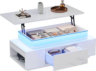 STILVORA Mesa De Centro Elevable Con 1 Caj&oacute;n Y Almacenaje Oculto, Led Usb, Blanco Brillo, Estilo Moderno, 96&times;45&times;40 Cm, Blanca