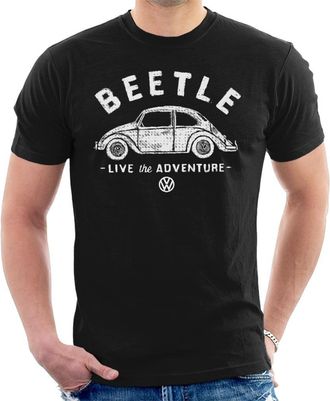 Volkswagen Beetle White Live The Adventure Mens T-Shirt, Black, L