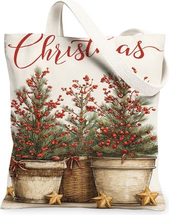 Generic Christmas Plants Canvas Tote Bags, Vintage Floral Reusable Grocery Bags, Lightweight Washable Shoulder Strap for Beach Picn, White, 13x15 Inch