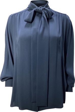 Akris Smocked Crepe De Chine Tie Neck Blouse in Navy Blue Polyester