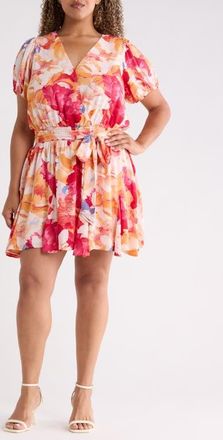 Sugarlips Floral Print Surplice Minidress in Coral at Nordstrom, Size 2X
