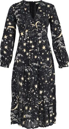 Rixo Camellia Constellation Midi Long Sleeve Dress in Black Viscose