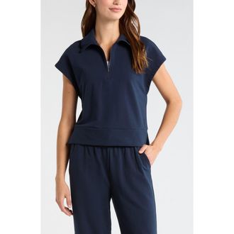 Zella Tempo Terry Half Zip Short Sleeve Sweatshirt in Navy Sapphire at Nordstrom, Size X-Small