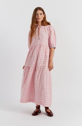 Chinti and Parker Linen Blend Gingham Day Dress in Pink Gingham at Nordstrom, Size 10