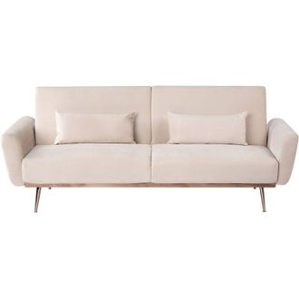 Beliani Sofa Bed Light Beige Velvet Upholstery Metal Legs 3 Seater with Additional Cushions Retro Convertible Sleeping Function EINA