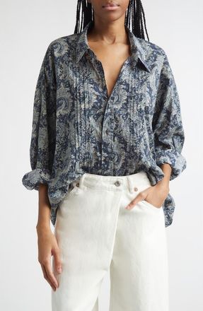R13 Drop Neck Pintuck Paisley Print Button-Up Shirt in Blue Indigo Paisley at Nordstrom, Size X-Large