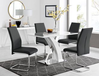Furniturebox Atlanta White High Gloss & Chrome 4 Seater Dining Table with X Shaped Legs & 4 Faux Leather Lorenzo Chairs in Black