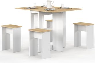 IDMarket Edi Consolle Pieghevole Per 2-4 Persone In Legno Bianco Con Piano In Faggio E 4 Sgabelli