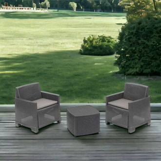 Dmora Conjunto De Sal&oacute;n De Exterior Laigueglia, Conjunto De Jard&iacute;n Con 2 Sillones Y 1 Mesa Contenedor, Efecto Rat&aacute;n Con Cojines, 100% Made In Italy, Antraci
