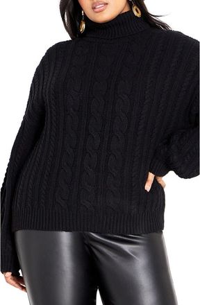 City Chic Avah Cable Stitch Turtleneck Sweater in Black at Nordstrom, Size Xs
