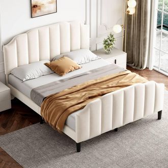 Matteo Double Bed Frame - Adjustable Channel-Tufted Velvet - Platform Style in Beige
