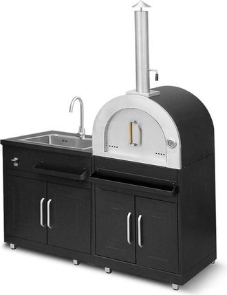 Oviala Cucina da esterno in metallo con 2 lavelli e forno per pizza
