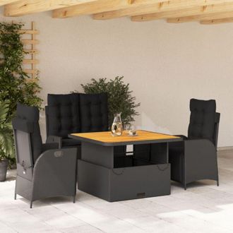 vidaXL Juego Comedor Jard&iacute;n 4 Piezas Con Cojines Rat&aacute;n Sint&eacute;tico Negro Vidaxl