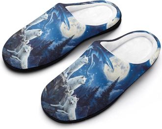 Generic Wolf Dragon Moon Mens Slippers Memory Foam Winter Warm Sandals Slip On House Shoes Size 7-14