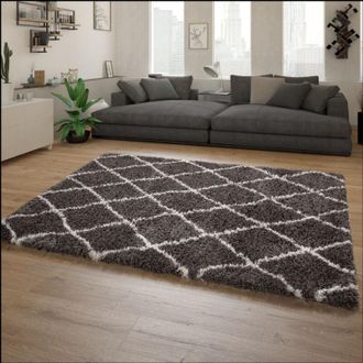 Paco Home Paco Home - Alfombra Pelo Largo Mullida Moderna Shaggy Estilo Flokati Motivo Rombos Gris 120x160 Cm