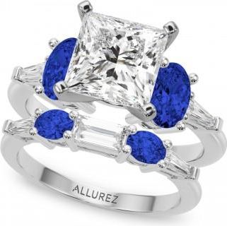 Allurez Princess Cut Lab Grown Diamond & Oval Blue Sapphire Bridal Set 14K White Gold (5.17ct)