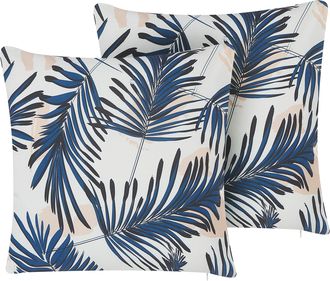 Beliani Beliani - Conjunto De 2 Cojines De Poli&eacute;ster Azul Patr&oacute;n De Hojas 45 X 45 Cm Jard&iacute;n Patio Exterior Elati