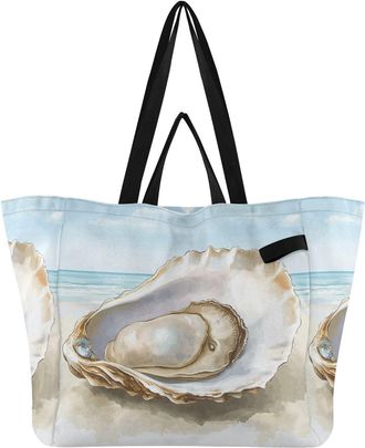 Generic Pearl Beach Sand Beige print Reusable Canvas Tote Bag, Heavy Duty Grocery Shopping Bag with Large Capacity Double Handles Hard Bottom Work Groceries T