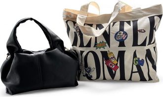 Generic Trendy Fashion 2-Piece Handbag Set, Black Leather Hobo and Canvas Tote Bag with Graphic Print Design, Casual Shoulder Bags for Women