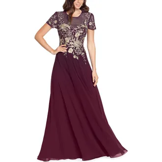 Betsy & Adam Besty & Adam Metallic Floral Fit & Flare Gown in Wine/Gold at Nordstrom Rack, Size 6