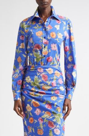 Carolina Herrera Poppy Print Button-Up Shirt in Bluebell Multi at Nordstrom, Size 14
