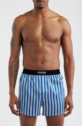 Tom Ford Stripe Stretch Silk Boxer Shorts in Blue/White at Nordstrom, Size X-Large
