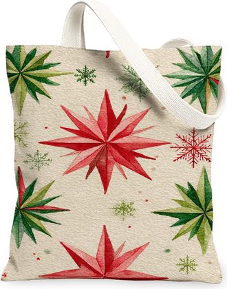 Generic Holiday Leaves Canvas Tote Bags, Artistic Plant Pattern Reusable Bags, Winter Vintage Lightweight Washable Canvas for Trave, Red and Green, 13x15 Inch