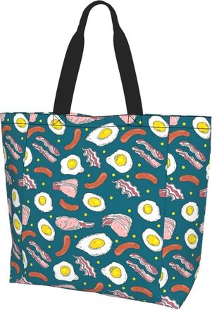 AOOEDM Breakfast Bacon Eggs Sausages Food Ladies Canvas Tote Reusable Shopping Bag