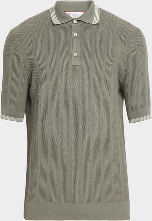 Brunello Cucinelli Men & apos;s Cotton Textured Rib Knit Polo Shirt