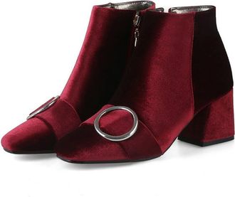 Generic Womens Velvet Square Toe Block Heel Ankle Boots with Bucke Strap Side Zipper Winter Wedding Dating Pumps Shoes (7.5,Wine Red)