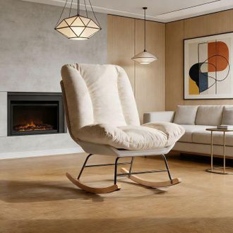 OEM Sill&oacute;n Mecedora Escandinavo Beige - Tejido Acolchado, Respaldo Reclinable En 5 Posiciones, Madera+m&eacute;tal
