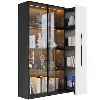 STILVORA Vitrina Librer&iacute;a Con Puerta De Cristal Y Led, Estante Lateral Extra&iacute;ble Con Ruedas, Mdf, Negro Y Blanco, 110,5&times;35&times;160 Cm