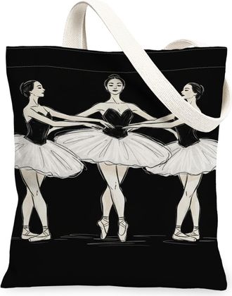 Generic Ballet Dancer Canvas Tote Bags, Elegant Ballerina Print Reusable Grocery Bags, Winter Vintage Lightweight Washable Shoulder, Black, 13x15 Inch