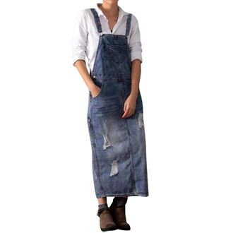 Generic Womens Vintage Distressed Denim Suspender Pinafore Dress Long Skirt Overalls with Ripped Holes, Adjustable Straps, Casual Loose Fit Sleeveless Design,