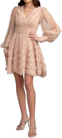 Mac Duggal Ruffle Trim V-Neck Long Sleeve Mini Dress with Tiered Skirt in Bisque at Nordstrom, Size 12