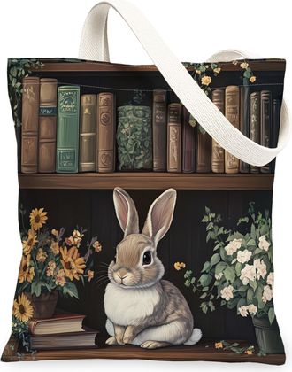 Generic Spring Bunny Rabbit Canvas Tote Bag for Shopping 13x15, Flower Bookshelf Animal Reusable Grocery Print Bag for Women, Fun Scenic Beach Aesthetic Paint