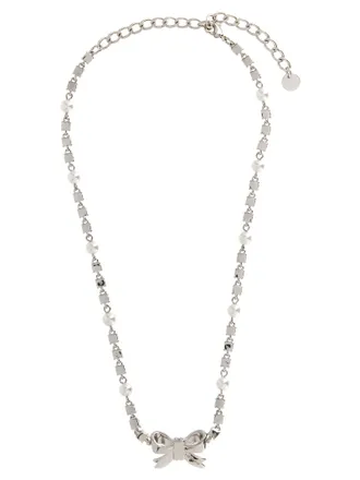 Self Portrait Crystal Bow Pearl Necklace - silver