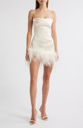 Delfi Adrienne Ostrich Feather Hem Strapless Satin Cocktail Minidress in Ivory at Nordstrom Rack, Size X-Large