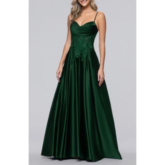 Blondie Nites Sequin Lace Detail Satin Gown in Hunter at Nordstrom, Size 1