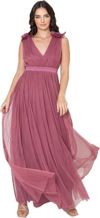 Maya Womens Ladies Maxi Dress with Ruffle V Neck Sleeveless High Empire Waist Long for Prom Guest Wedding Bridesmaid, Desert Rose, 20