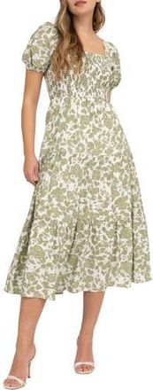 August Sky Puff Sleeve Smocked Midi Dress in Olive Multi at Nordstrom Rack, Size Medium
