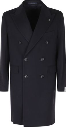 Tagliatore Blue Double-Breasted Silver Embellishment Wool-Blend Coat